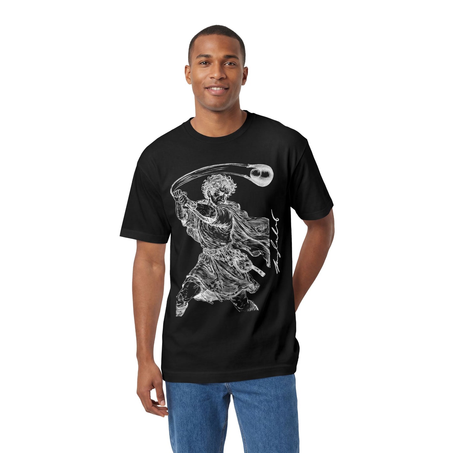 David vs Goliath Vintage Illustration Tee — Renaissance 'Hero' Graphic Black TShirt