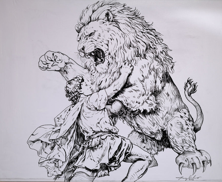 David Fighting a Lion — DLF 4, original artwork by Jeremy Cardenas