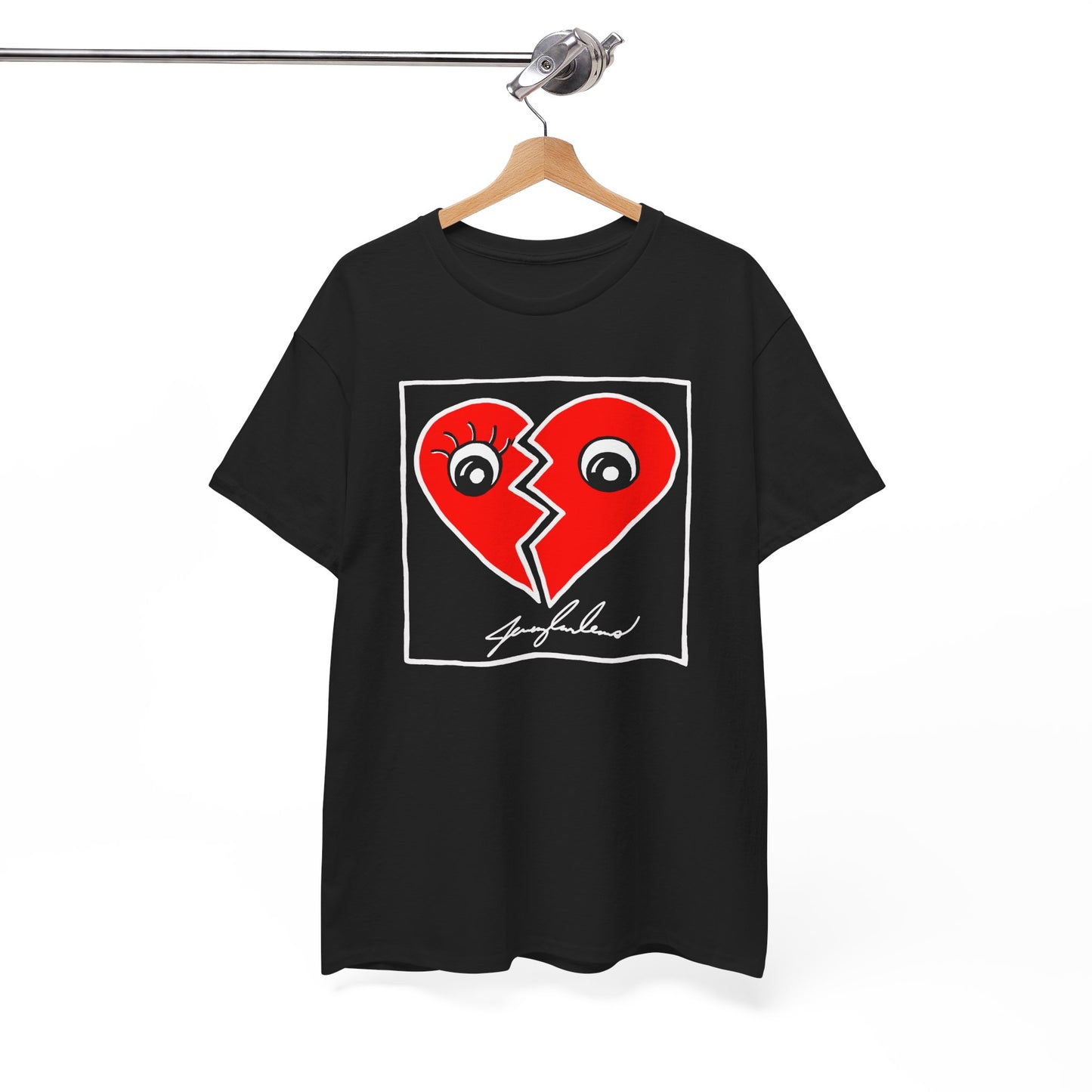 Red Hearts Graphic on Black Tee — Red Heart Split with Eyes Signature Design