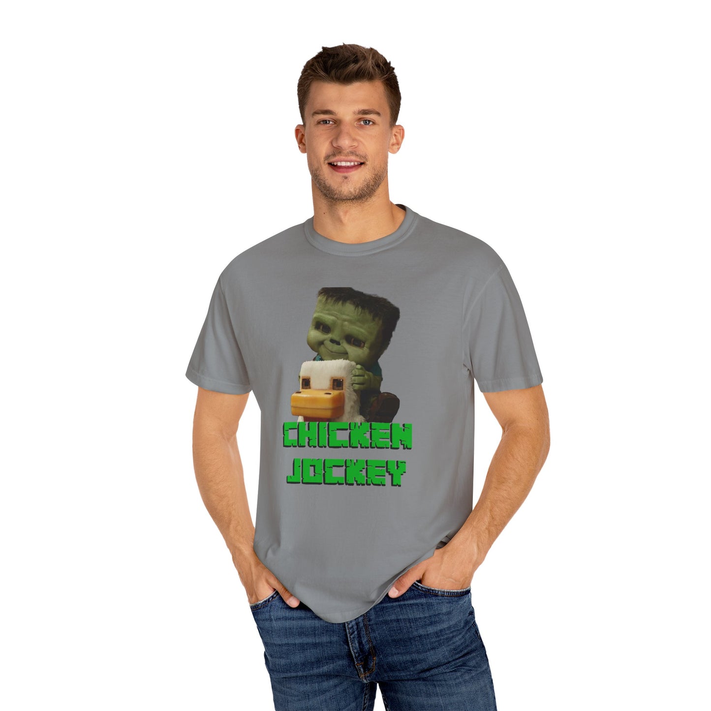 Funny Chicken Jockey Adult size Unisex Garment-Dyed T-shirt - Unique Graphic Tee for Gamers