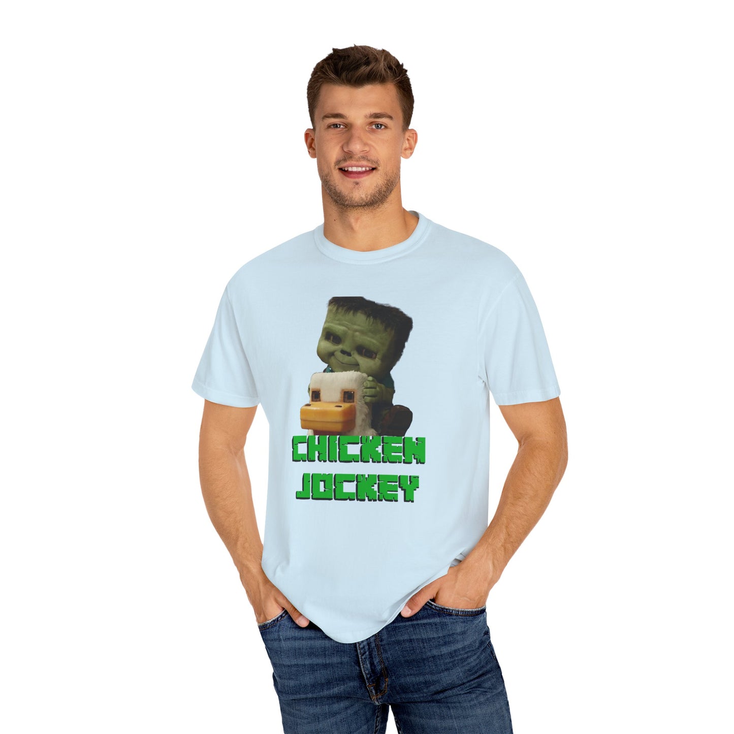 Funny Chicken Jockey Adult size Unisex Garment-Dyed T-shirt - Unique Graphic Tee for Gamers