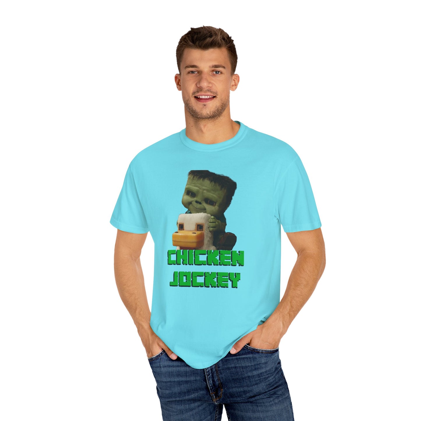 Funny Chicken Jockey Adult size Unisex Garment-Dyed T-shirt - Unique Graphic Tee for Gamers