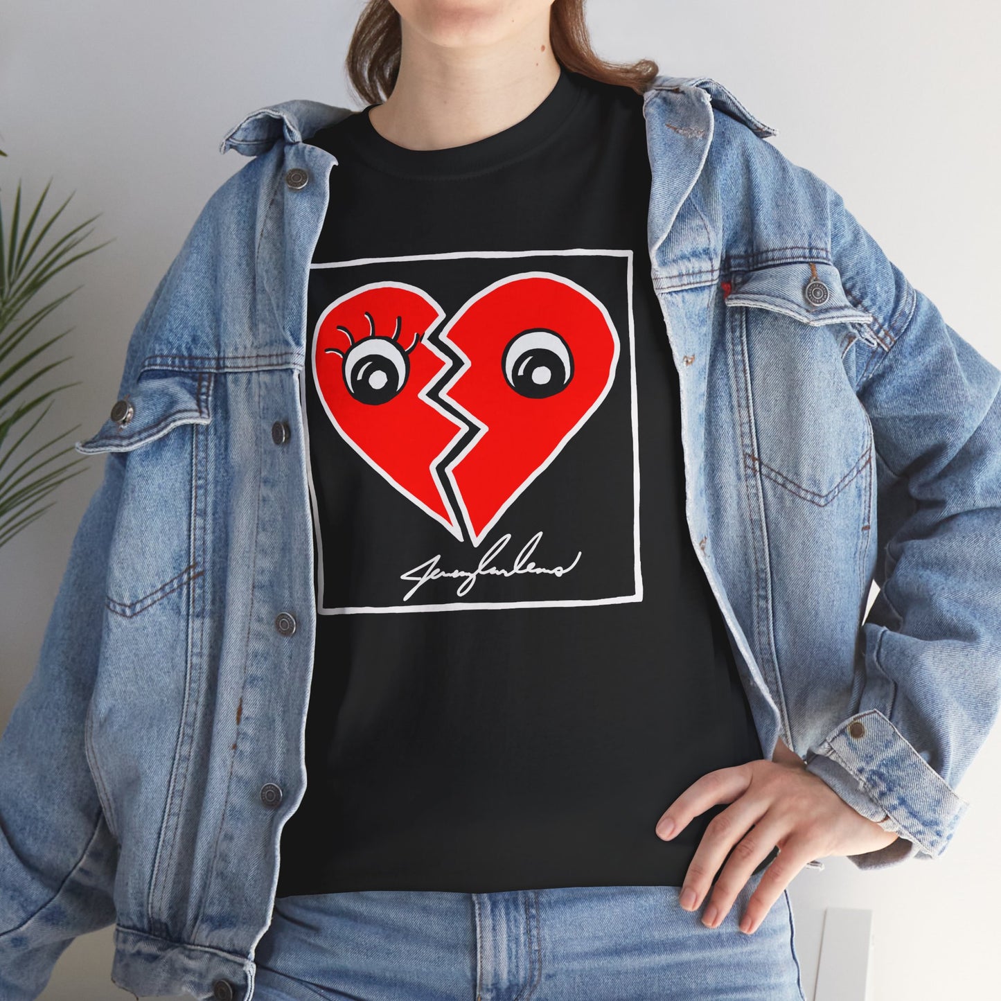 Red Hearts Graphic on Black Tee — Red Heart Split with Eyes Signature Design