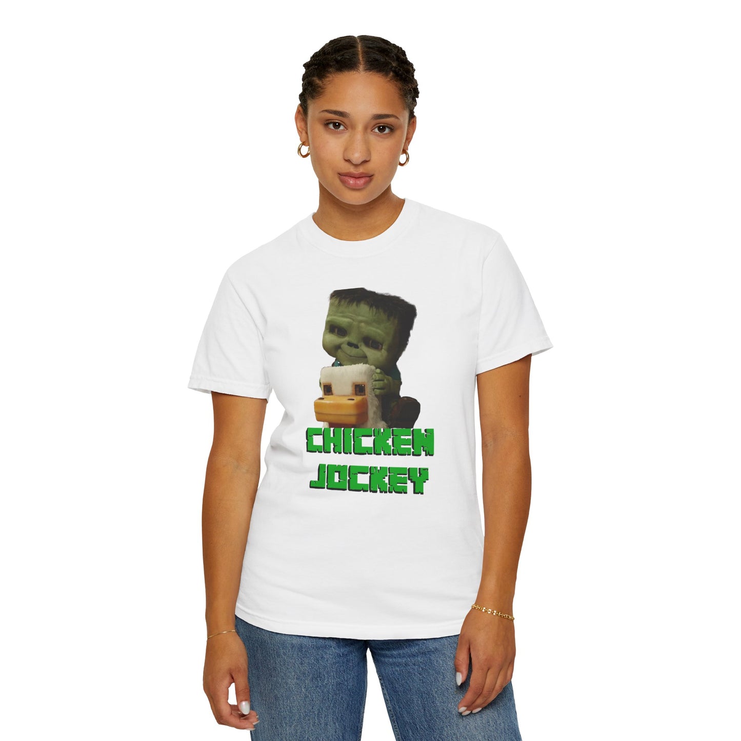 Funny Chicken Jockey Adult size Unisex Garment-Dyed T-shirt - Unique Graphic Tee for Gamers