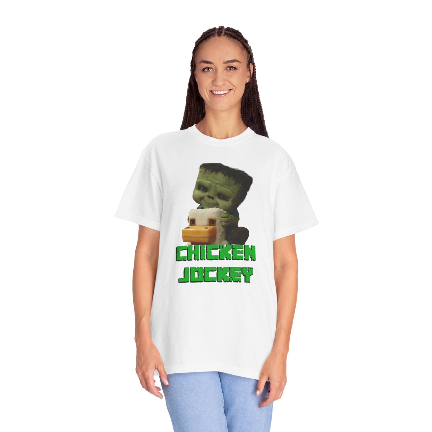 Funny Chicken Jockey Adult size Unisex Garment-Dyed T-shirt - Unique Graphic Tee for Gamers