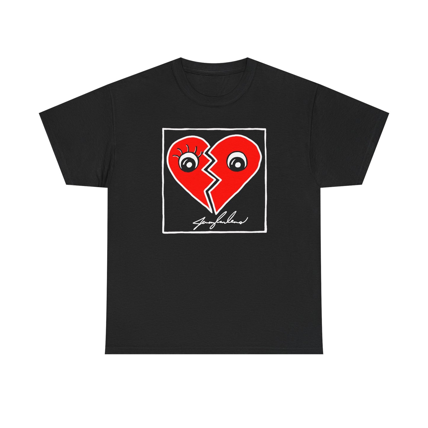 Red Hearts Graphic on Black Tee — Red Heart Split with Eyes Signature Design