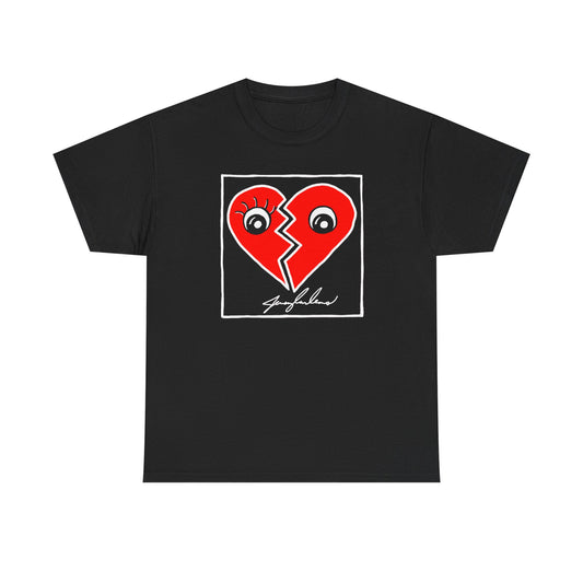 Red Hearts Graphic on Black Tee — Red Heart Split with Eyes Signature Design