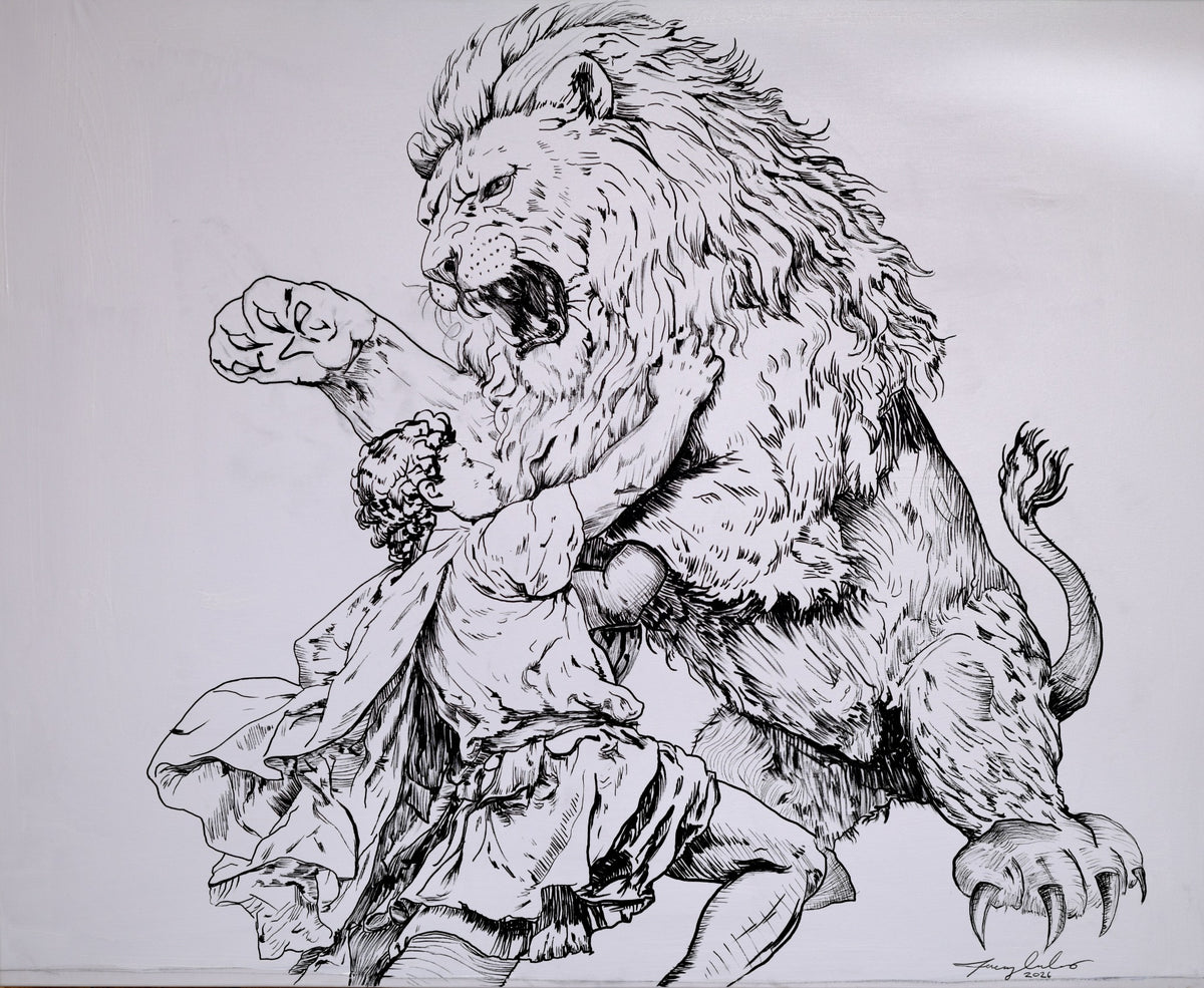 David Fighting a Lion — DLF 4, original artwork by Jeremy Cardenas