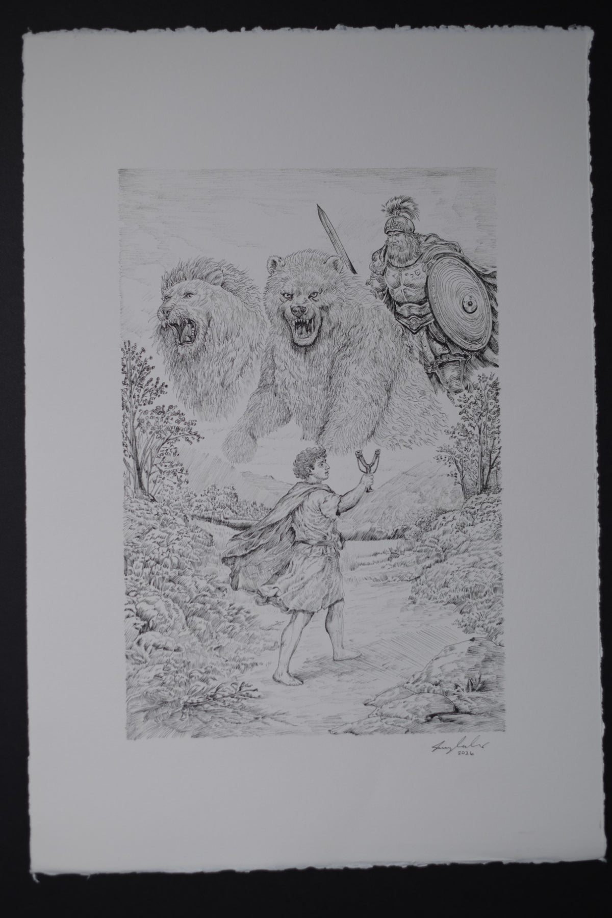 DLF 16 — David defeating a lion bear and giant, original artwork by Jeremy Cardenas